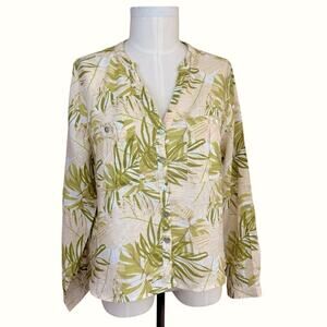 C&C California 100% Linen Tropical Botanical Print Buttons Roll Sleeve Blouse L